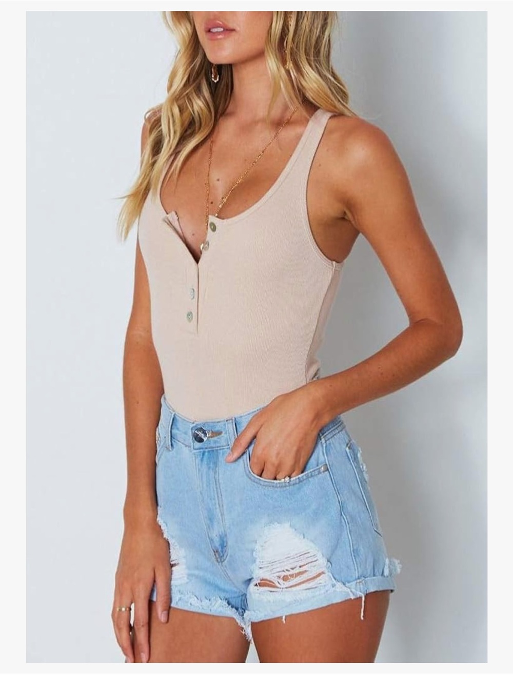 ReoRia Beige Ribbed Button-Front Tank Bodysuit